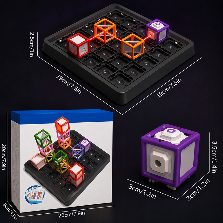 Measurement graphic for the laser maze board, purple laser block, and packaging.