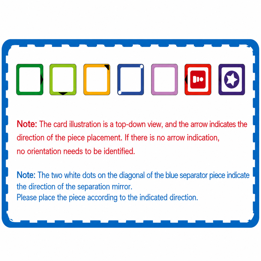 Reference card showing piece symbols and orientation instructions for laser maze challenges.
