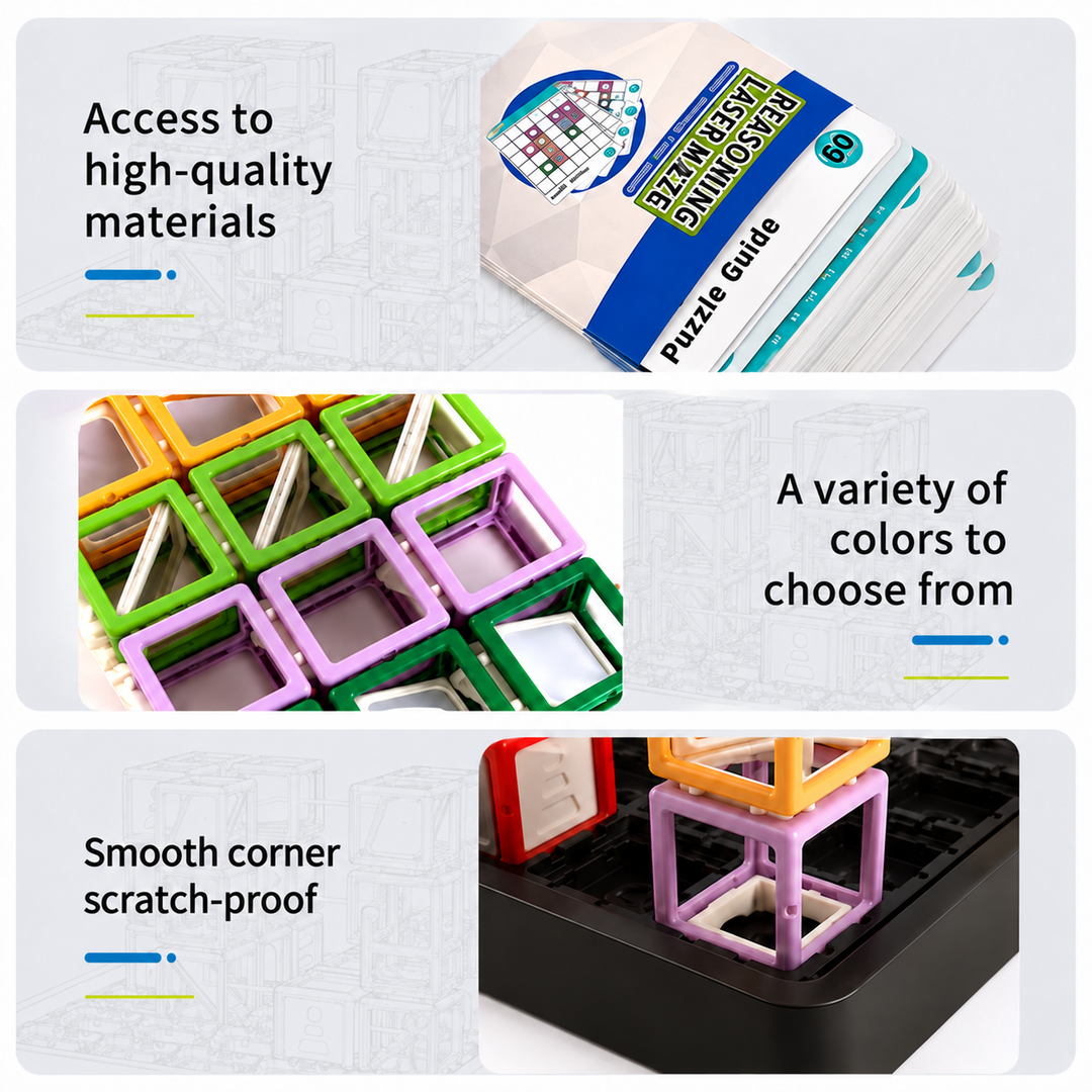 Laser maze puzzle guide, assorted colorful pieces, and a close-up of the board.