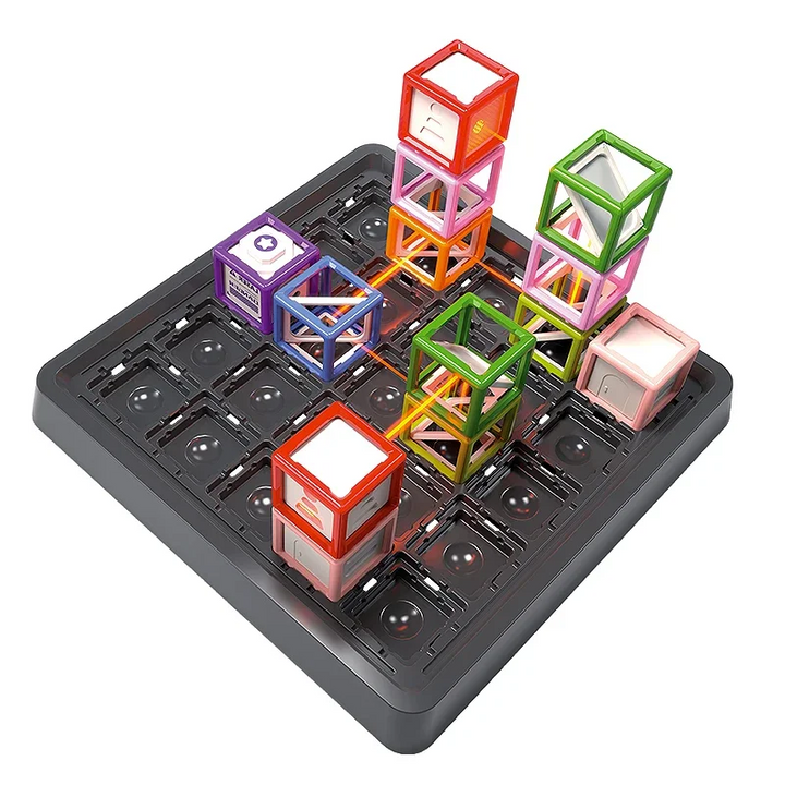 Black laser maze board with stacked colorful towers, red targets, and a purple emitter.