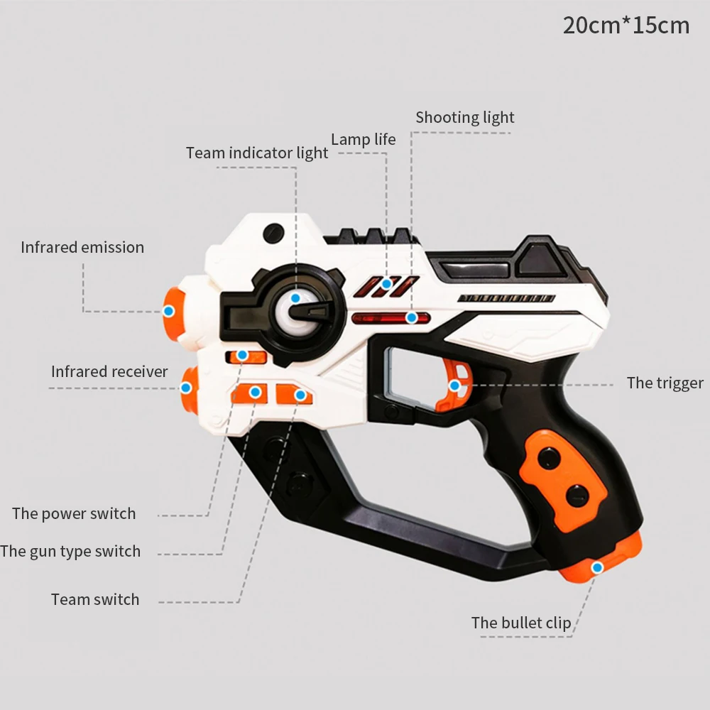 White and black laser tag blaster diagram showing controls and 20 by 15 cm dimensions.