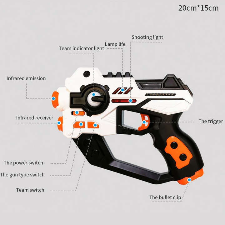White and black laser tag blaster diagram showing controls and 20 by 15 cm dimensions.