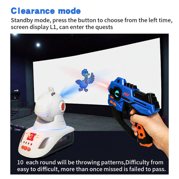 Blue laser tag blaster aimed at a projected cartoon target