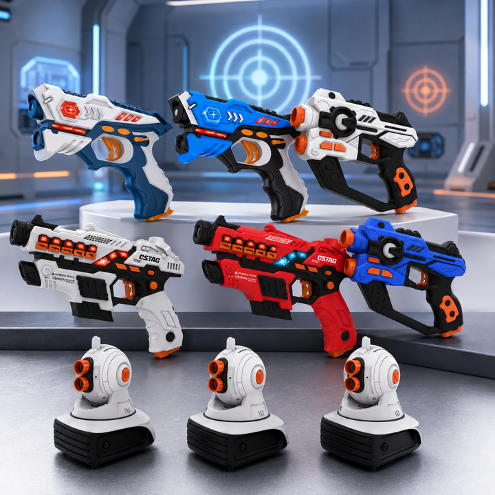 Six futuristic laser tag blasters in three designs displayed with three tabletop projectors.