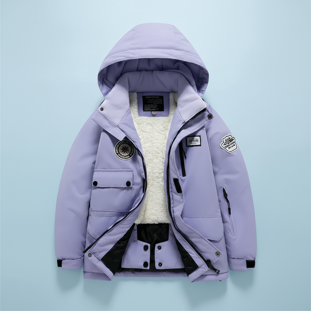 Lavender hooded ski jacket with white fleece lining
