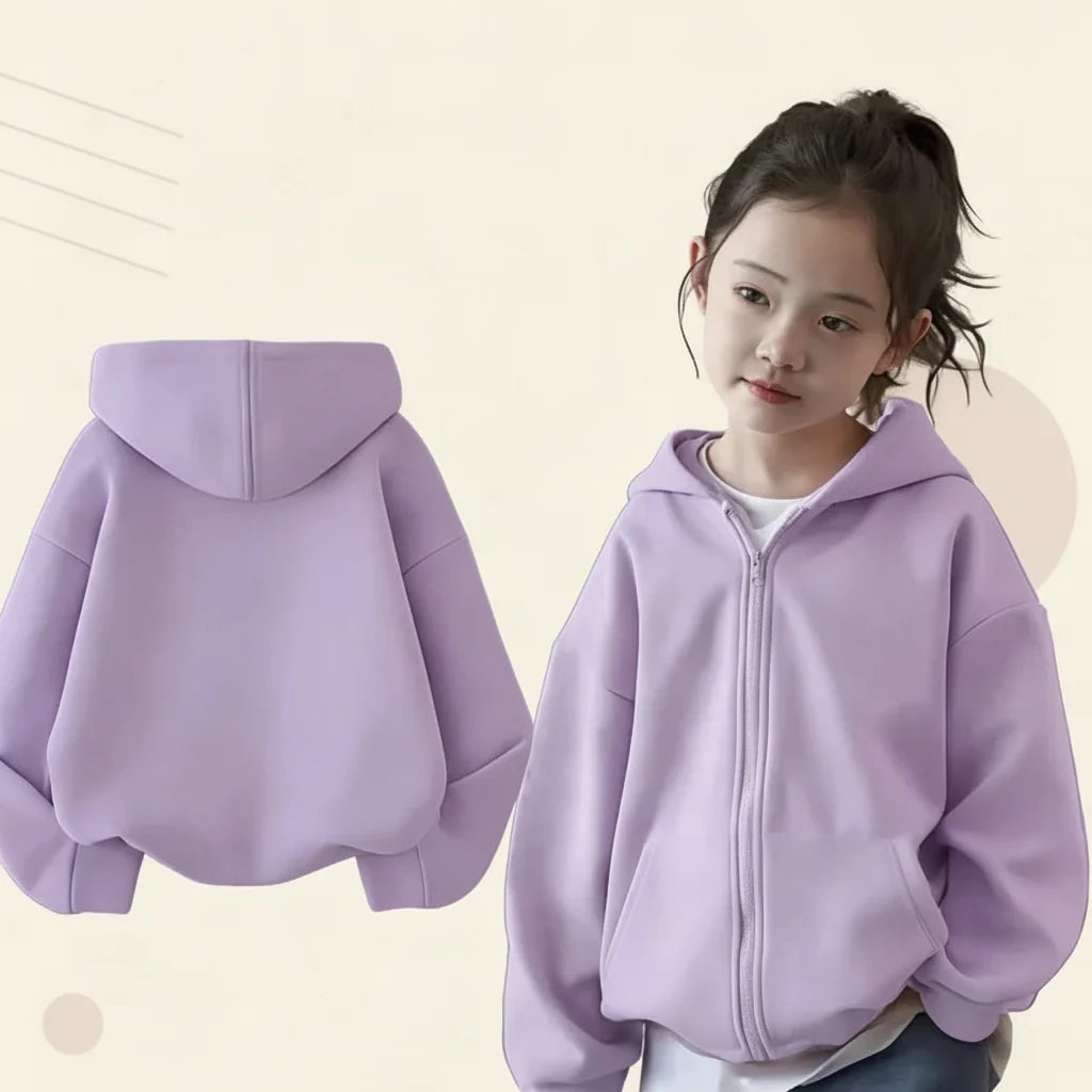 Lavender zip-up hoodie modeled on a child, with a separate back view.