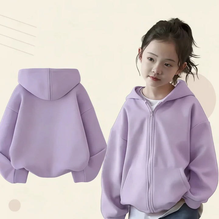 Lavender zip-up hoodie modeled on a child, with a separate back view.