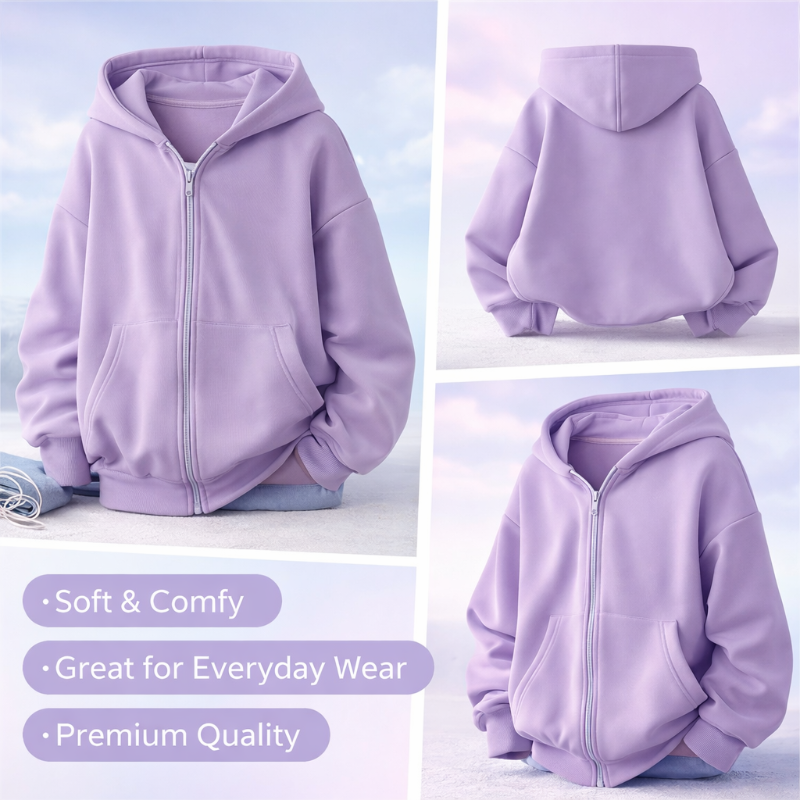 Lavender zip-up hoodie with front pockets, shown from the front, back, and angled views.
