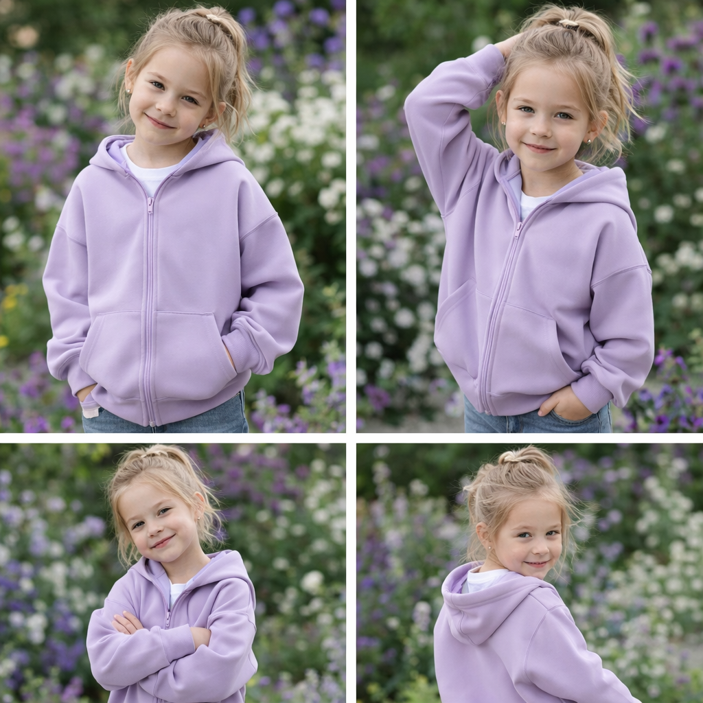 Child wearing a lavender zip-up hoodie outdoors, shown from the front, side, and back.