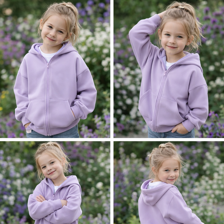 Child wearing a lavender zip-up hoodie outdoors, shown from the front, side, and back.