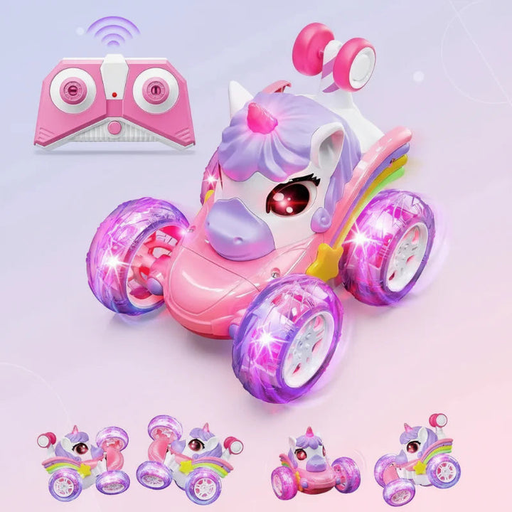 Unicorn RC stunt car with a lavender mane, rainbow sides, pink controller, and glowing wheels