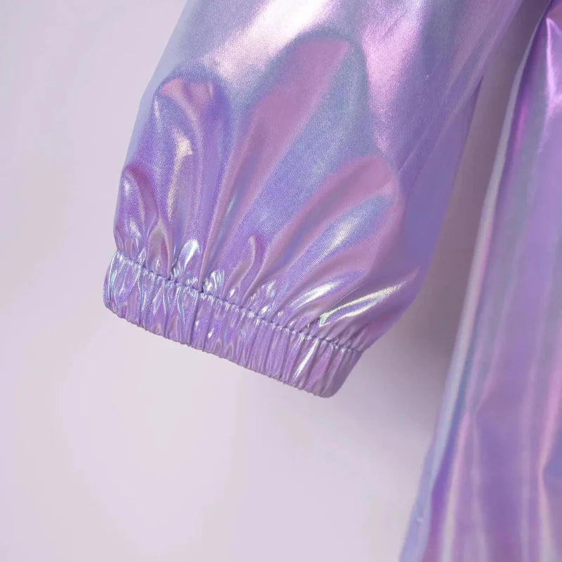 Elastic cuff detail on a lavender raincoat with a shiny iridescent finish.