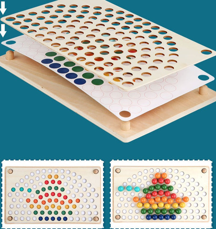 Layered wooden bead board showing pattern sheet placement and two completed bead designs