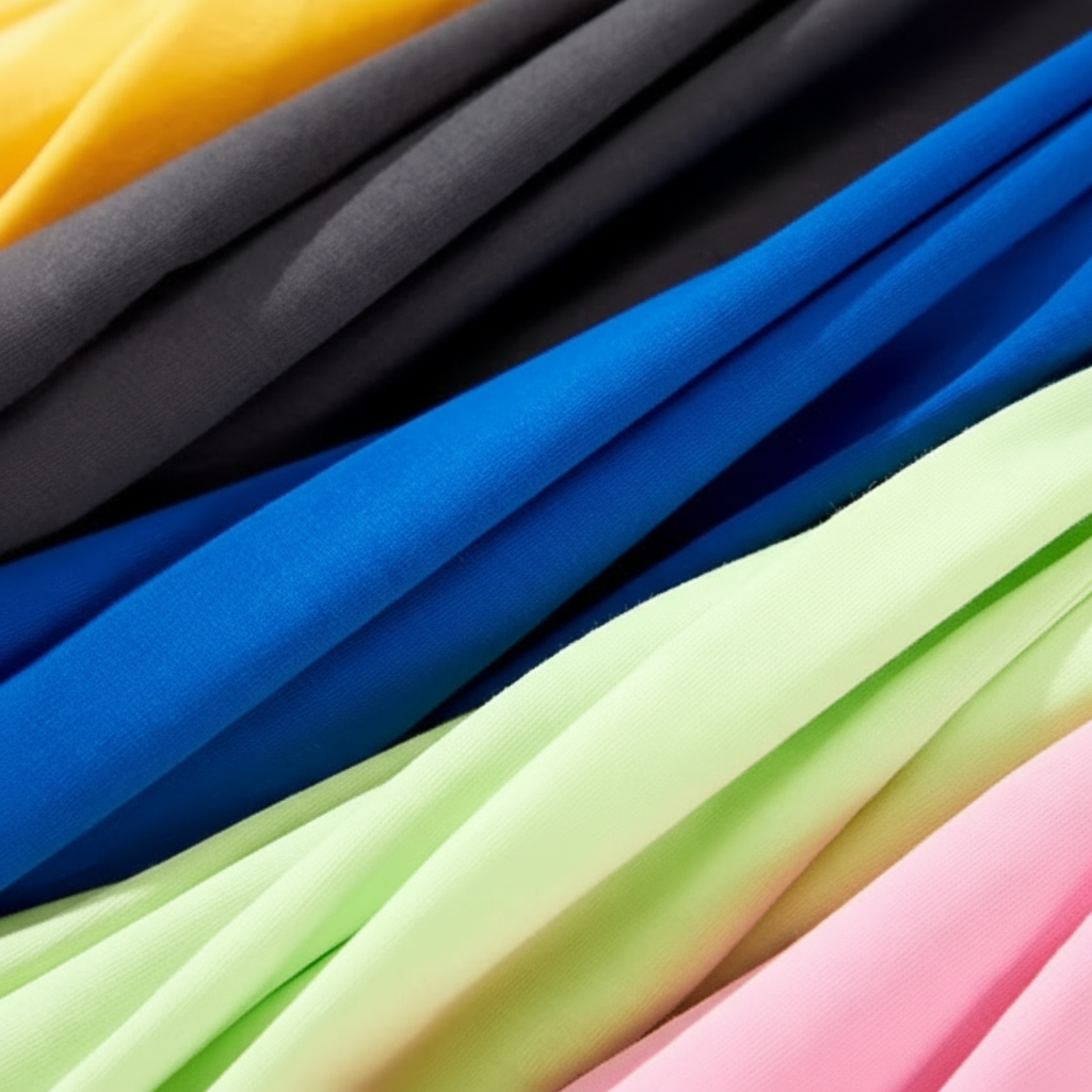 Layers of T-shirt fabric in yellow, gray, black, blue, green and pink