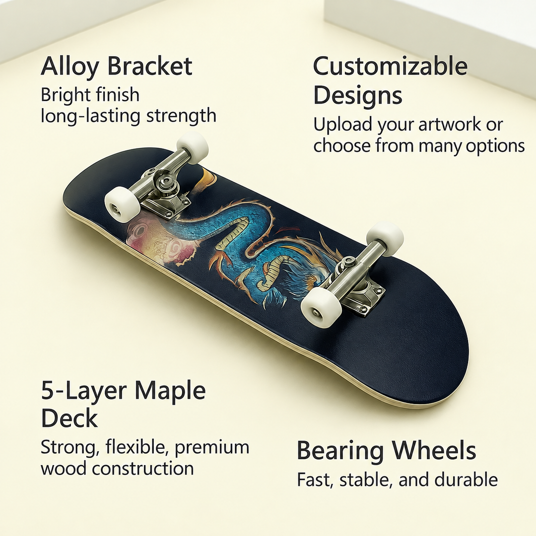 Wooden finger skateboard with callouts for its layered deck, metal trucks, and bearing wheels.