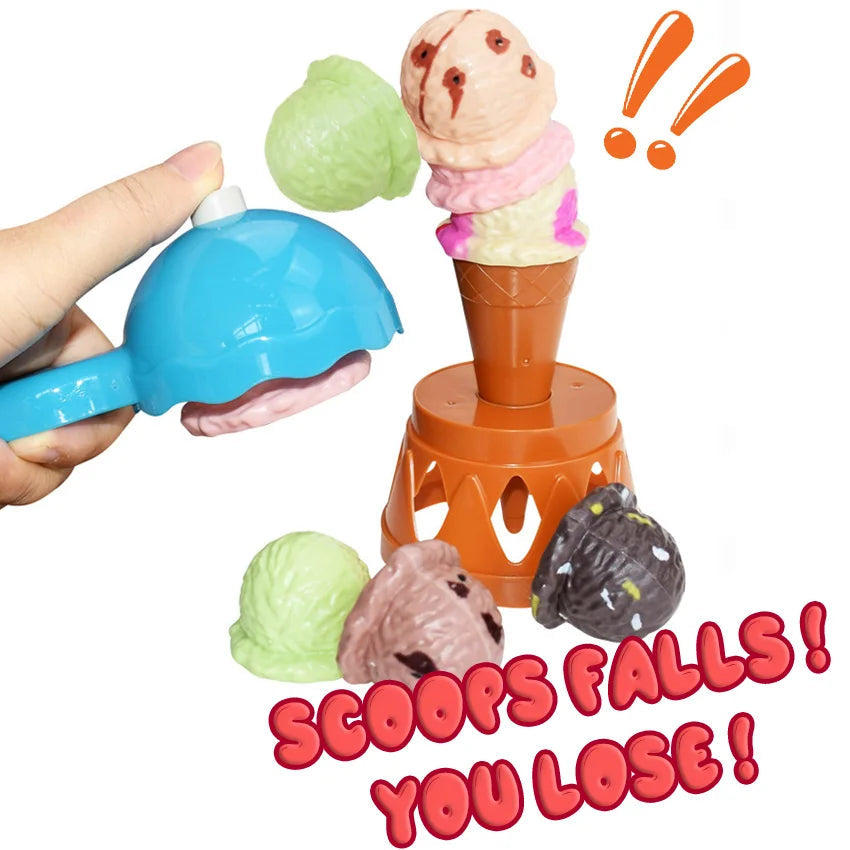 Blue scoop beside a leaning tower of colorful ice cream pieces