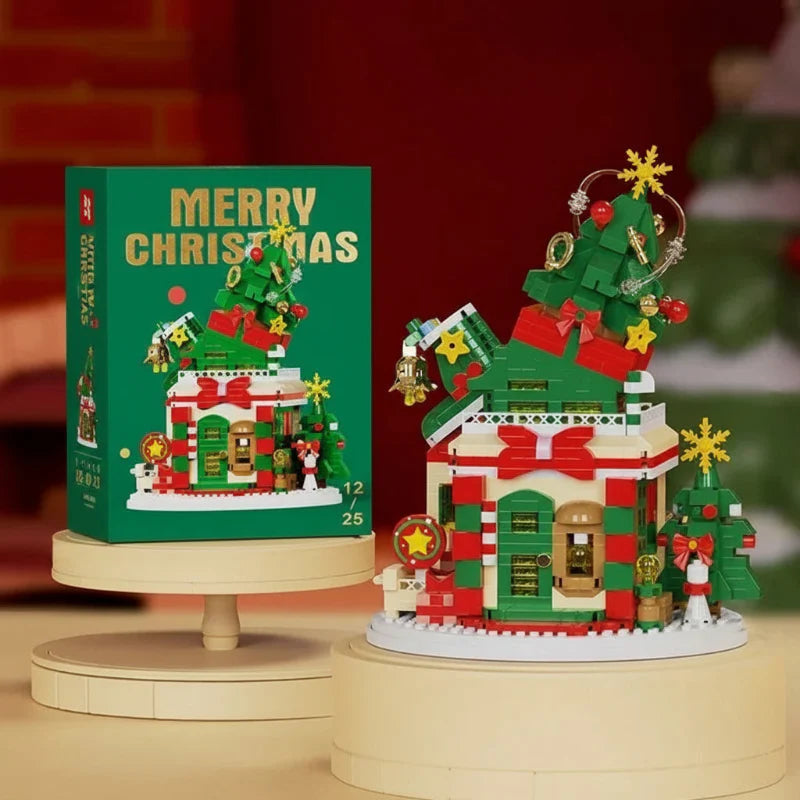 Christmas block house with a tilted tree roof beside its box