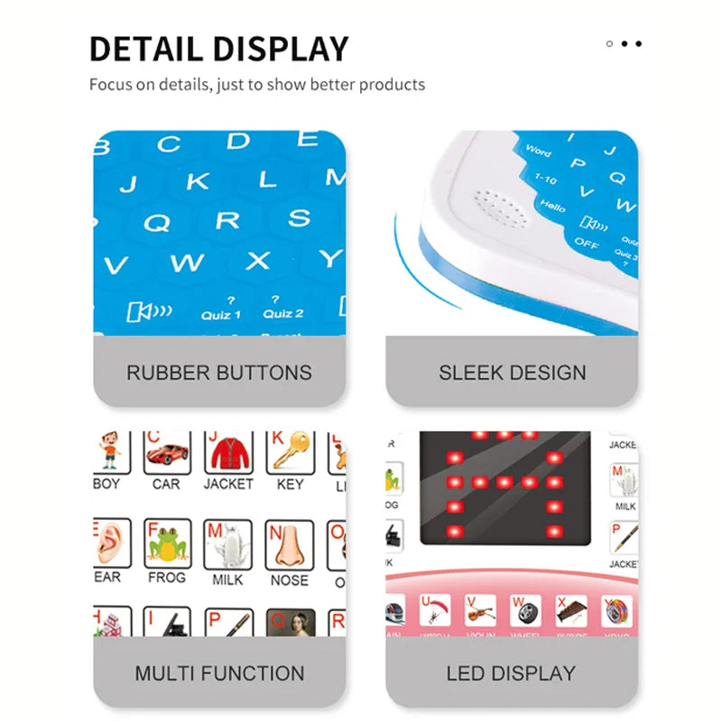 Detail views of rubber keyboard buttons, the rounded base, picture-word labels, and LED display