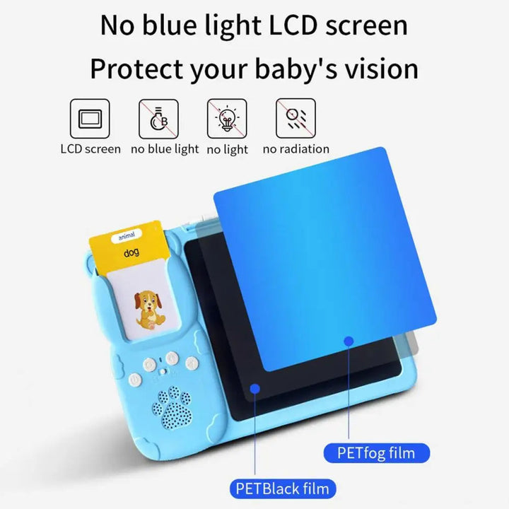 Blue learning tablet with an exploded view of the LCD screen layers