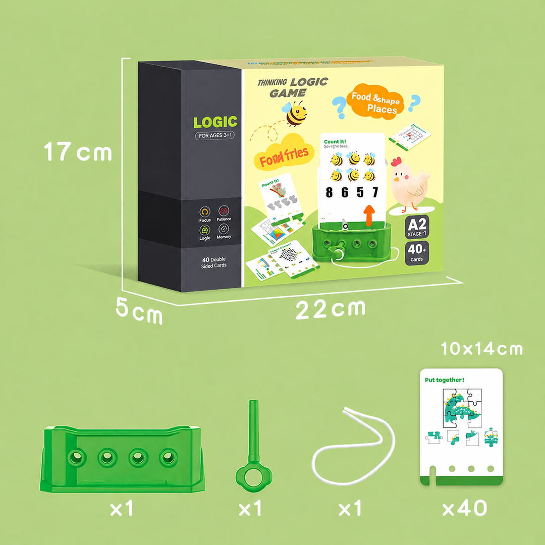 Learning to Count set with green board, pointer, cord, 40 cards and package measurements.