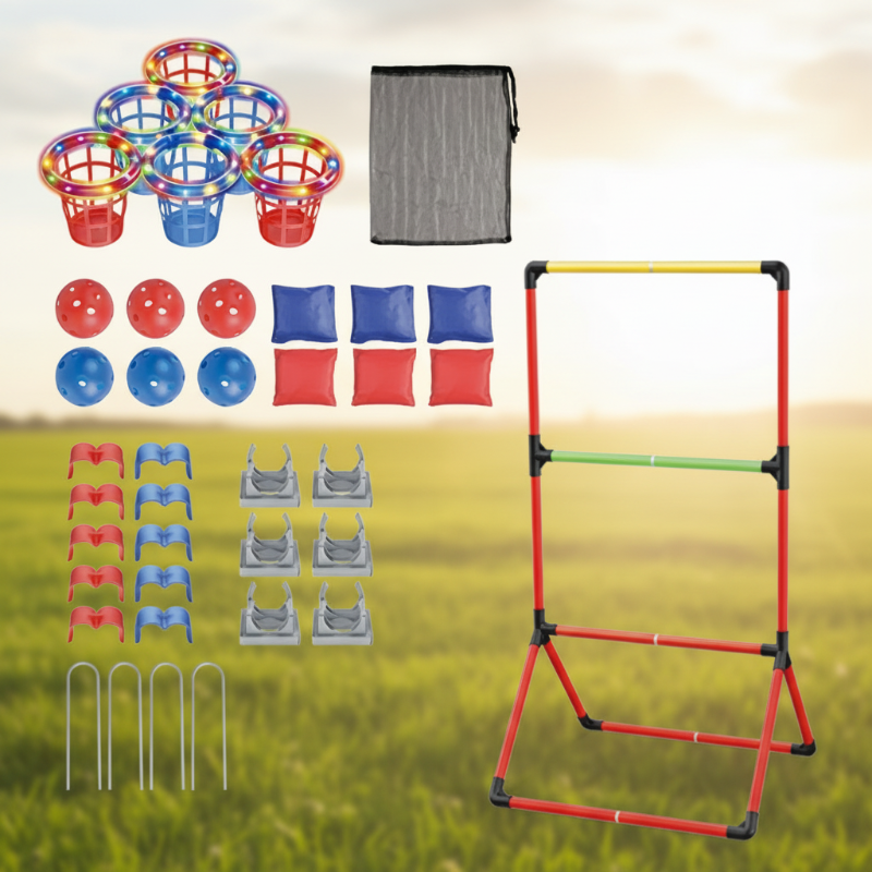 LED toss game set with lights around the basket rims, frame, balls, beanbags, clips, stakes and storage bag.