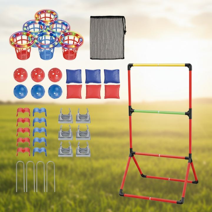 LED toss game set with lights around the basket rims, frame, balls, beanbags, clips, stakes and storage bag.