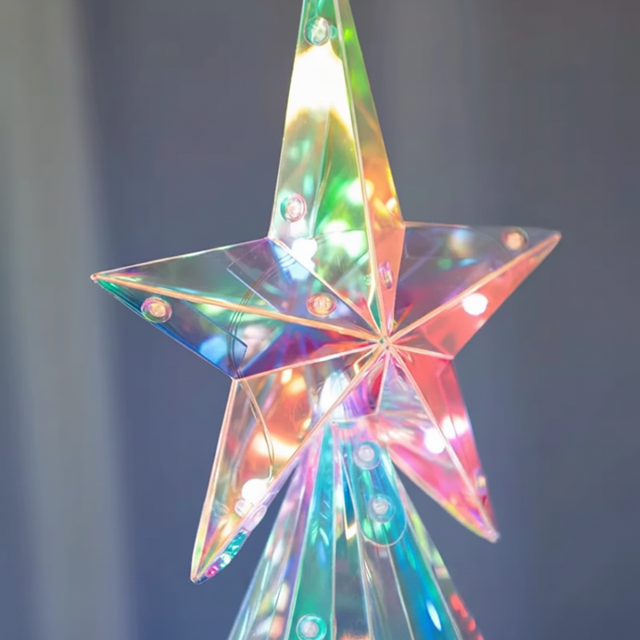 Close-up of the transparent star topper reflecting multicolor LED lights