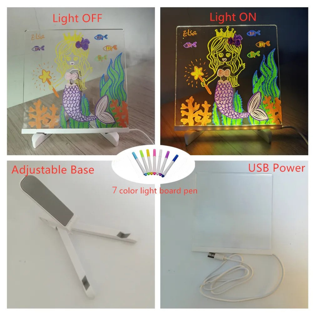 Drawing board shown with LEDs off and on, an adjustable base, colored pens, and a USB connection