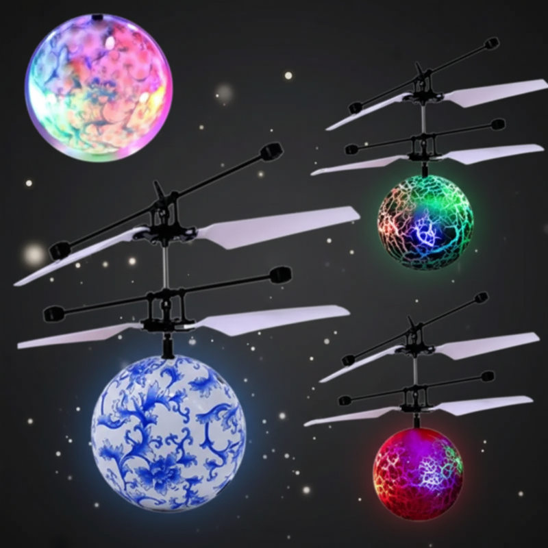 Four flying-ball toy designs with colorful bodies and white rotor blades