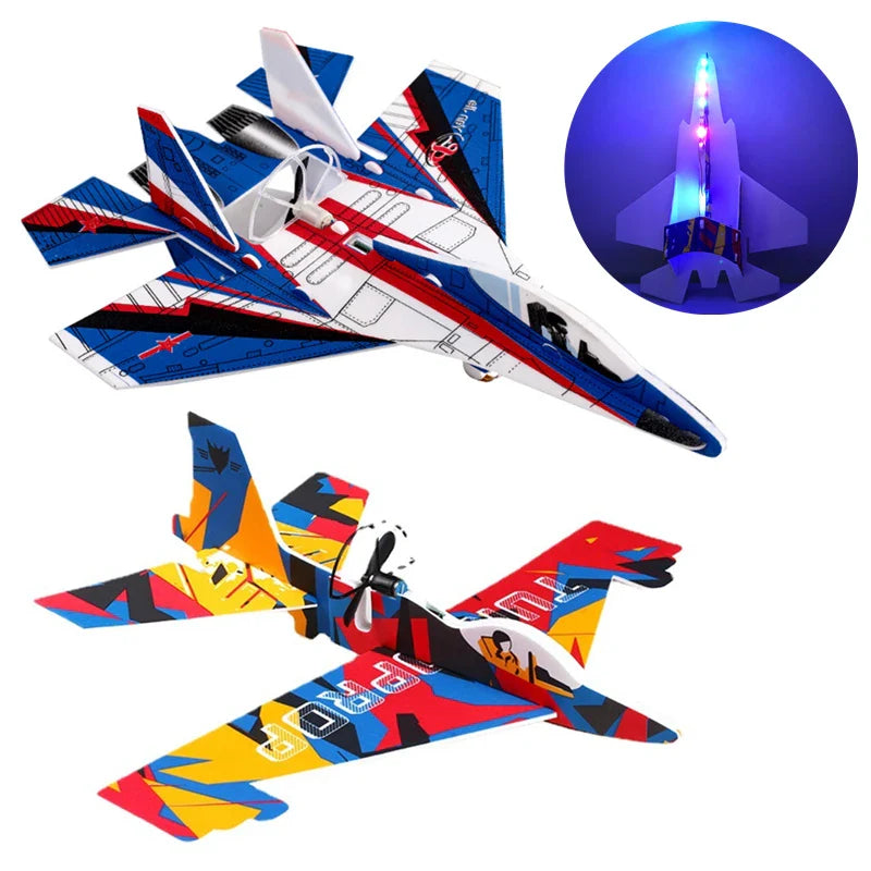 Two jet-style foam airplanes with an inset showing multicolor LED lighting