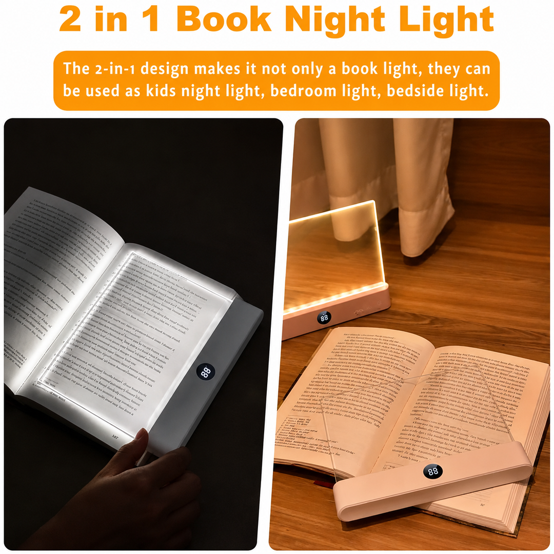 LED panel light illuminating an open book and standing upright beside a bed