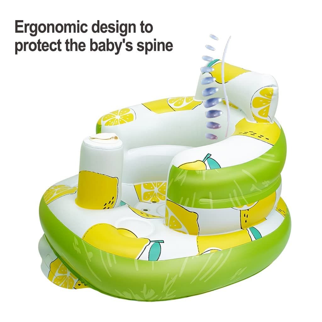 Angled view of a lemon-print inflatable baby seat showing the raised backrest and rounded armrests.