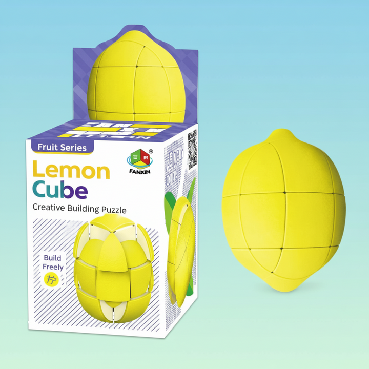 Yellow lemon-shaped twist puzzle displayed beside its retail box