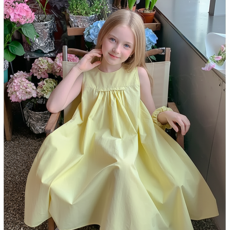 Seated girl in a lemon-yellow dress with a round neckline and gathered front