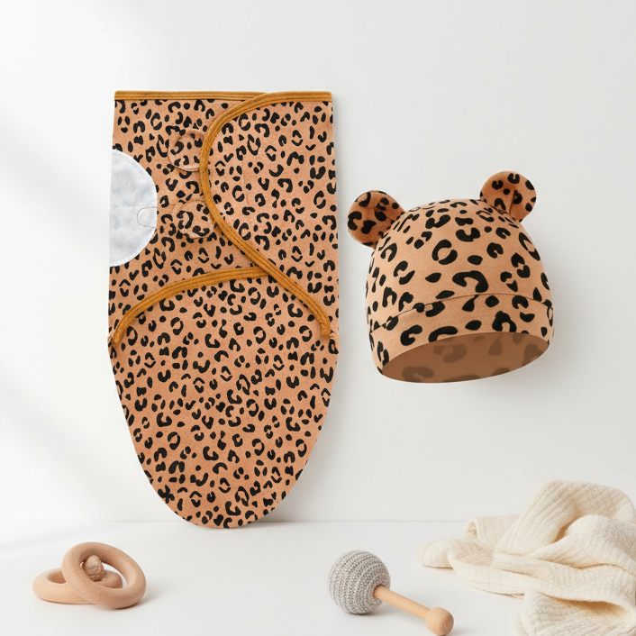 Leopard-print cocoon-style wrap beside a matching hat with rounded ears.
