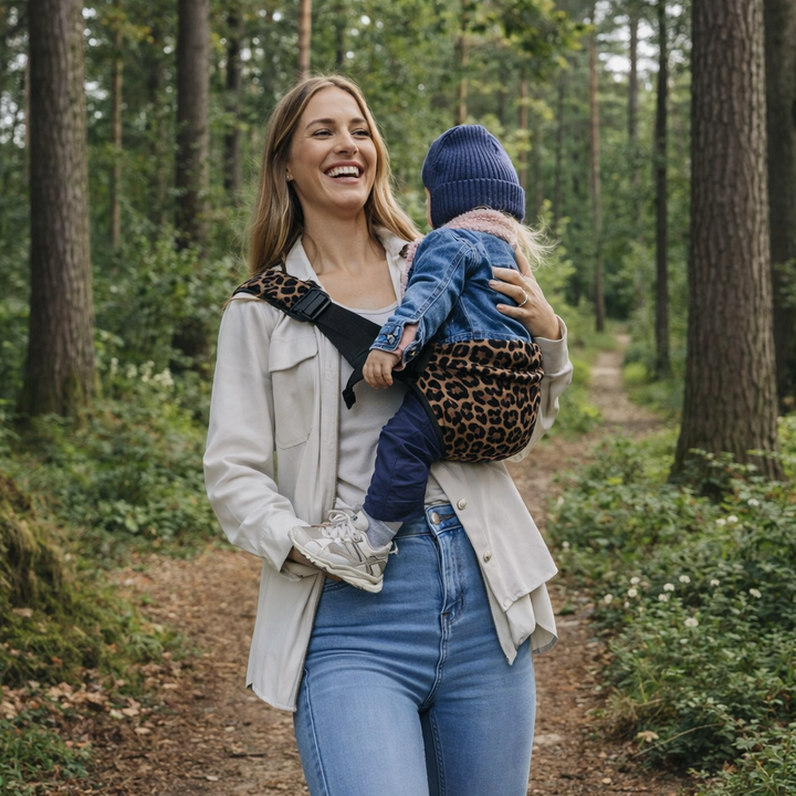 Adult carrying a child in a brown leopard-print hip carrier on a wooded path