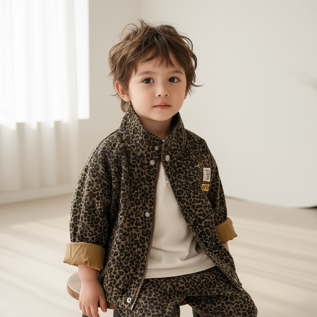 Child wearing a leopard print jacket over a white shirt with matching patterned pants