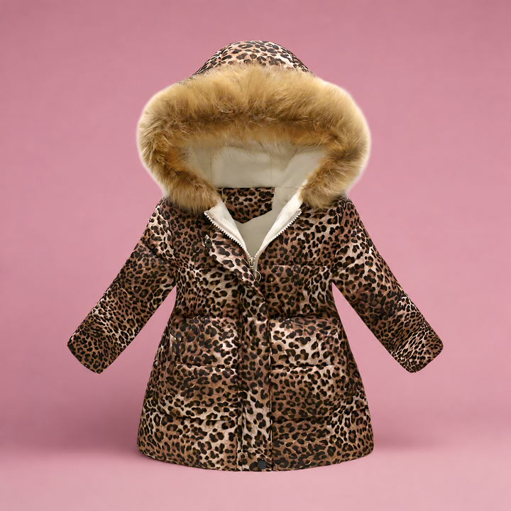 Leopard-print hooded winter coat with fluffy trim, shown from the front