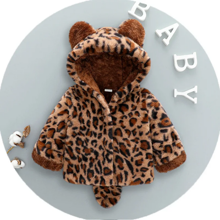 Front view of the leopard-print plush jacket with rounded ears and a small tail below the hem