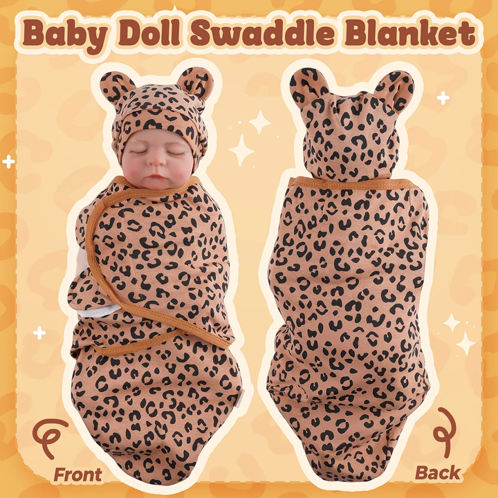 Front and back views of a leopard-print wrap, shown on a doll wearing the matching ear-detail hat.