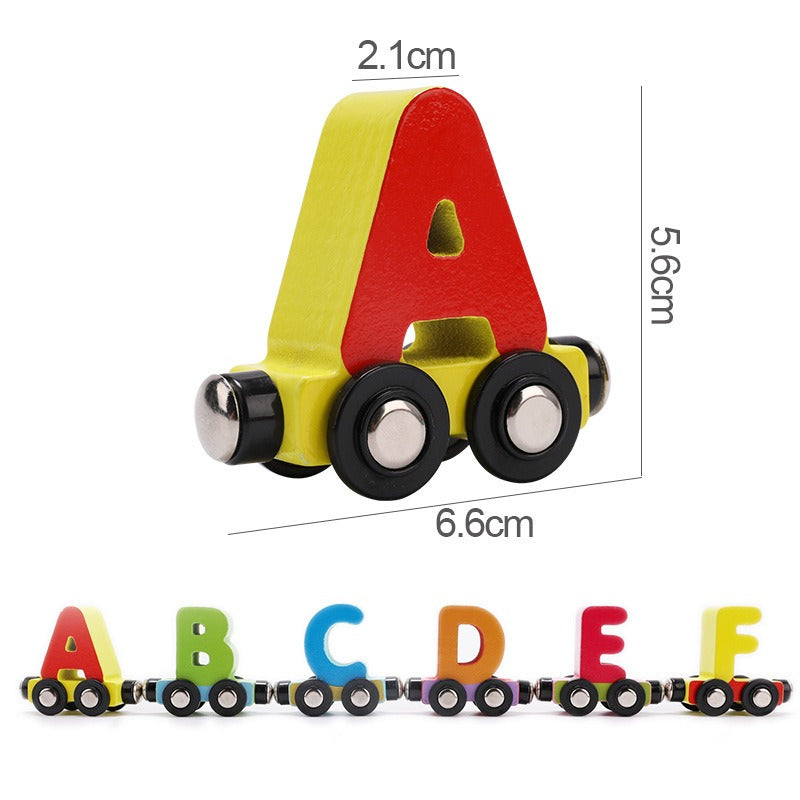 Wooden letter A train car measuring 6.6 x 5.6 x 2.1 cm, with an A-F train shown below.