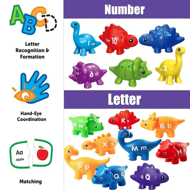 Letter and number dinosaur sets showing uppercase and lowercase letters, numerals, and dot patterns