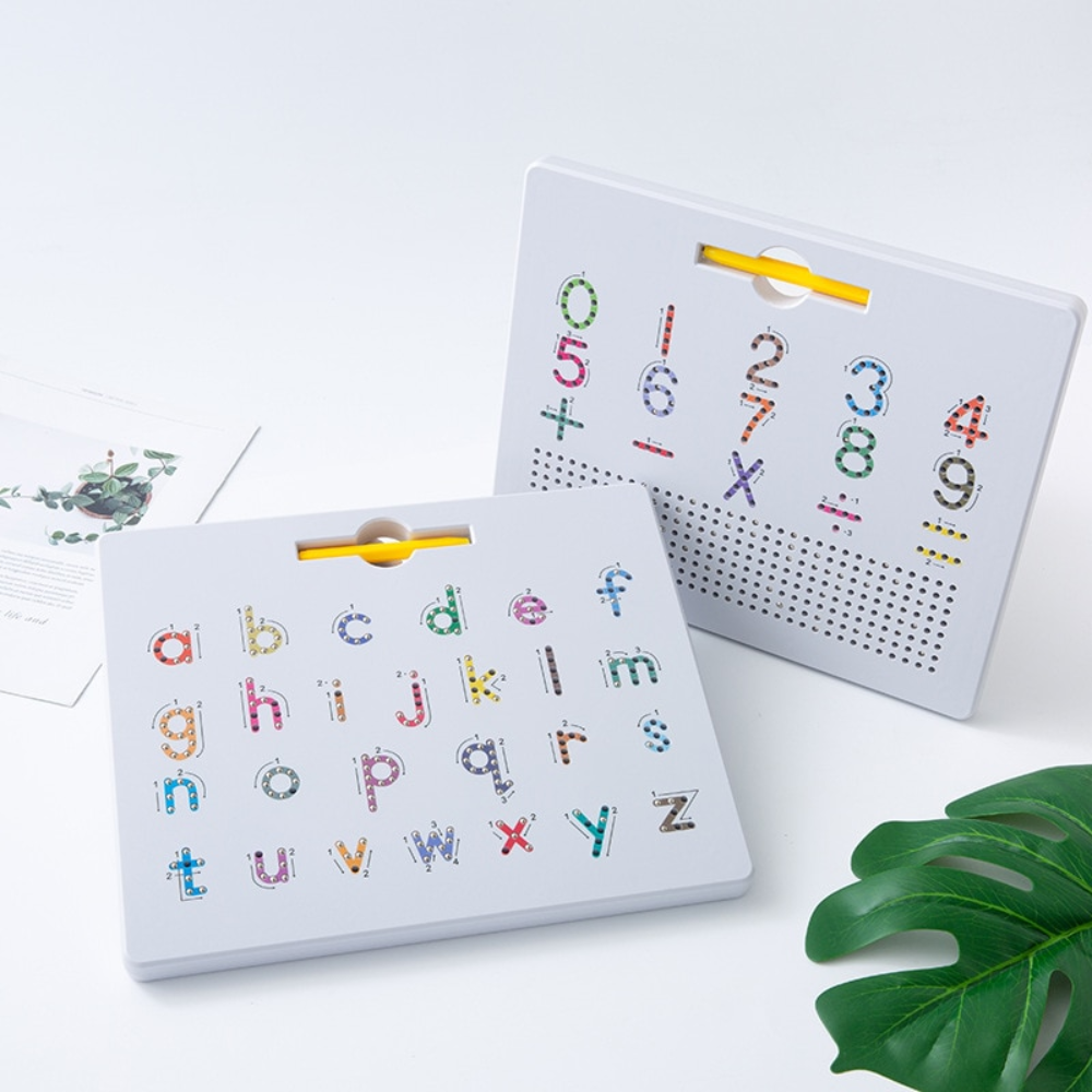 Lowercase alphabet and number board layouts with yellow styluses.