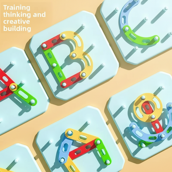 Pegboard designs made with colorful pieces, including a letter B, house, and flower