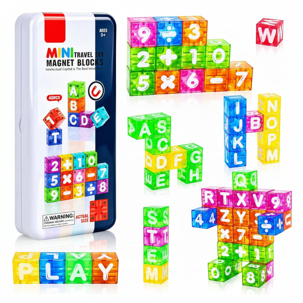 Magnetic letter and math cubes with a storage tin, word rows, and stacked creations