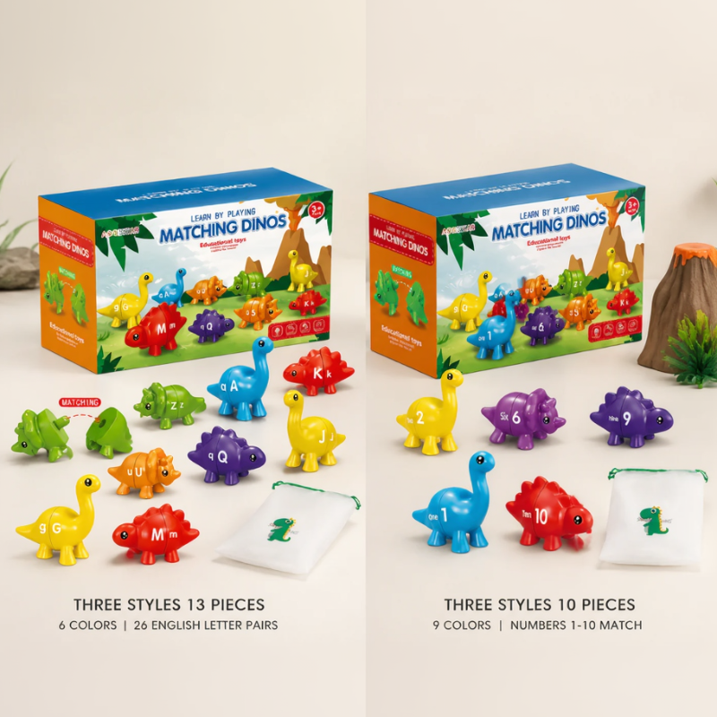 Letters and Numbers dinosaur sets displayed side by side with boxes and drawstring bags
