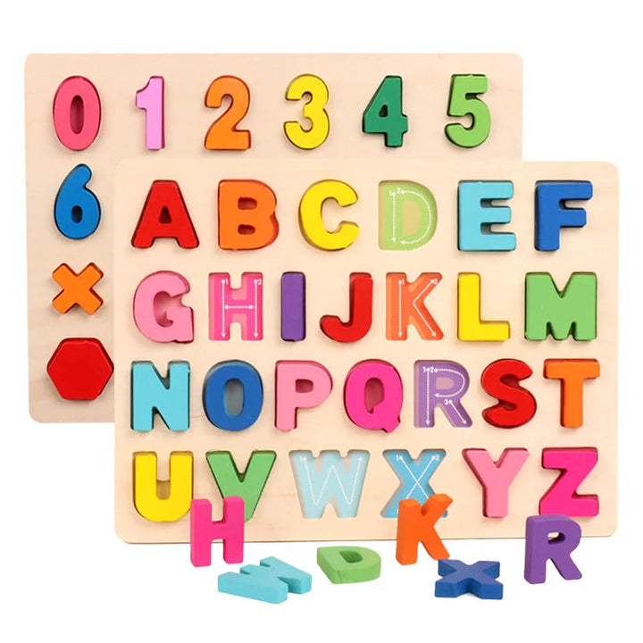 Uppercase letter puzzle in front of a number and shape board with loose letters below