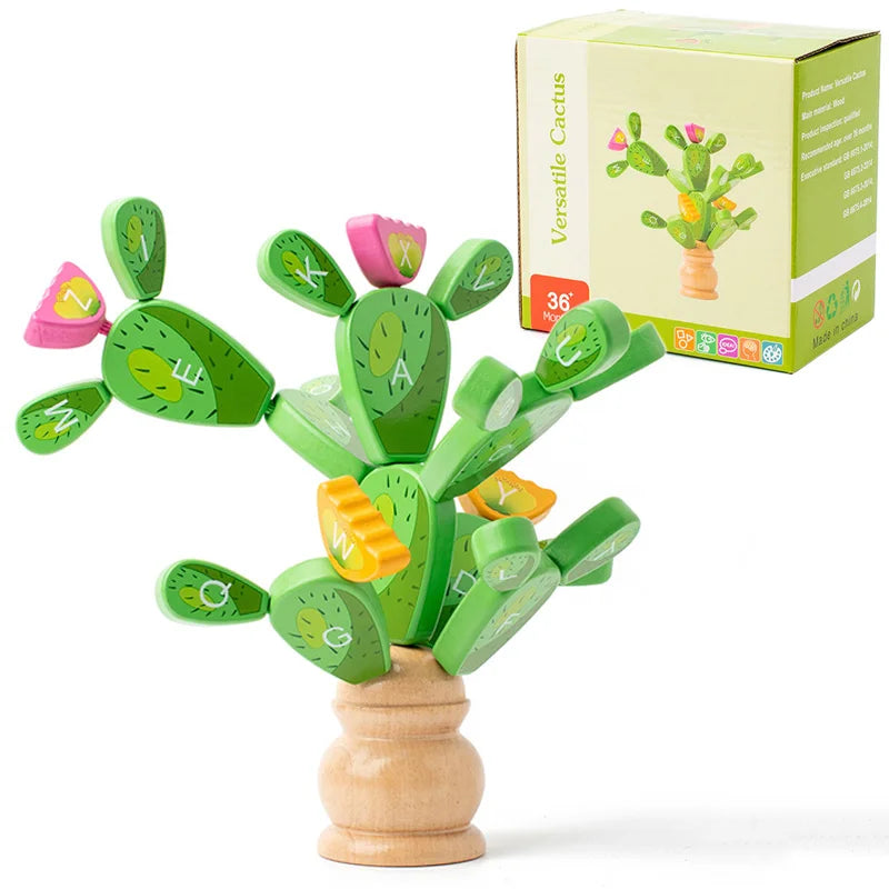 Assembled wooden alphabet cactus with green letter pieces, pink and yellow flowers, and its box.