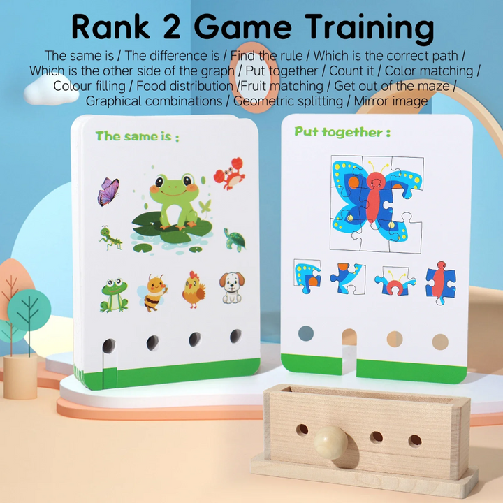 Level 2 cards with animal matching and butterfly picture puzzles beside a wooden holder.