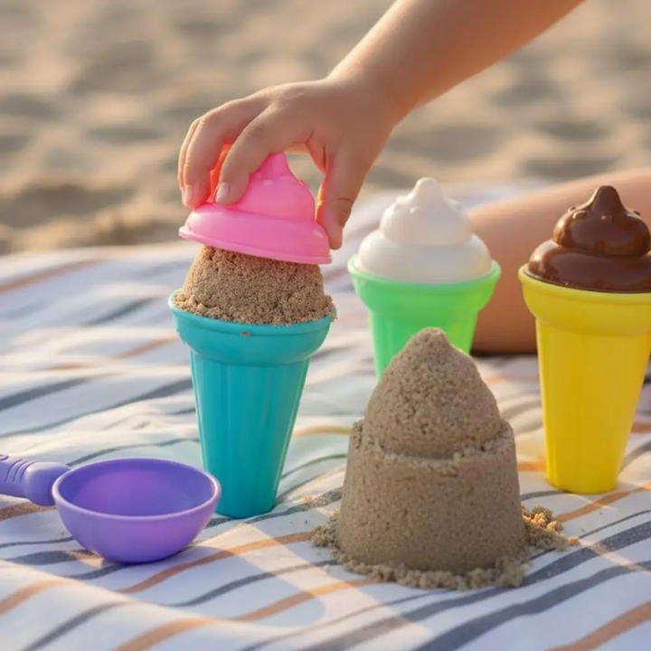 Child lifting a pink mold to reveal sand ice cream in a blue cone cup